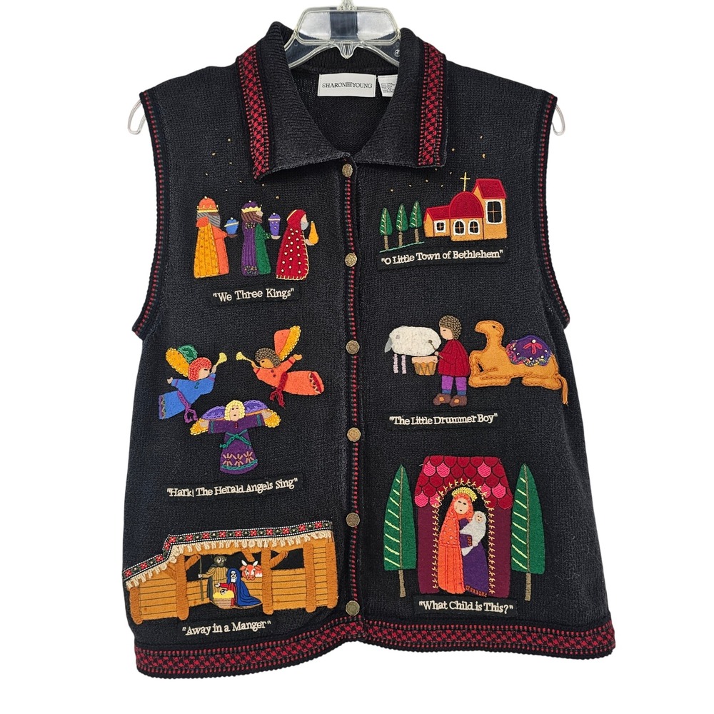 Vintage Nativity Christmas Carol Sweater Vest XL Black Linen Cotton Art to Wear